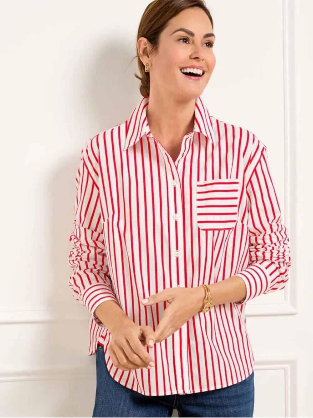 Talbots Poplin Short Shirt Red White Nautical Stripe Coastal Preppy - Picture 2 of 7